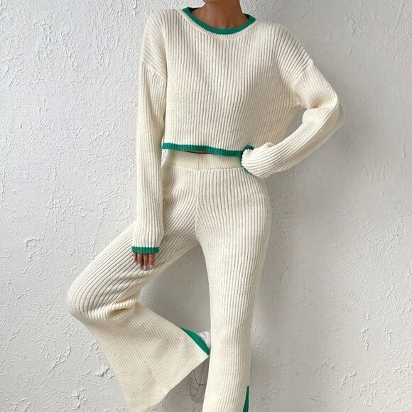 Beige Casual Womens Star Pattern Sweater & Knit Pants - Picture 1 of 5